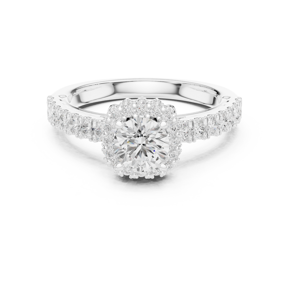 Round Brilliant Diamond Halo Engagement Ring with Pavé Side Stones Luxe Cluster
