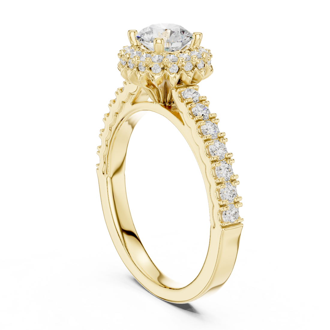 Round Brilliant Diamond Halo Engagement Ring with Pavé Side Stones Luxe Cluster
