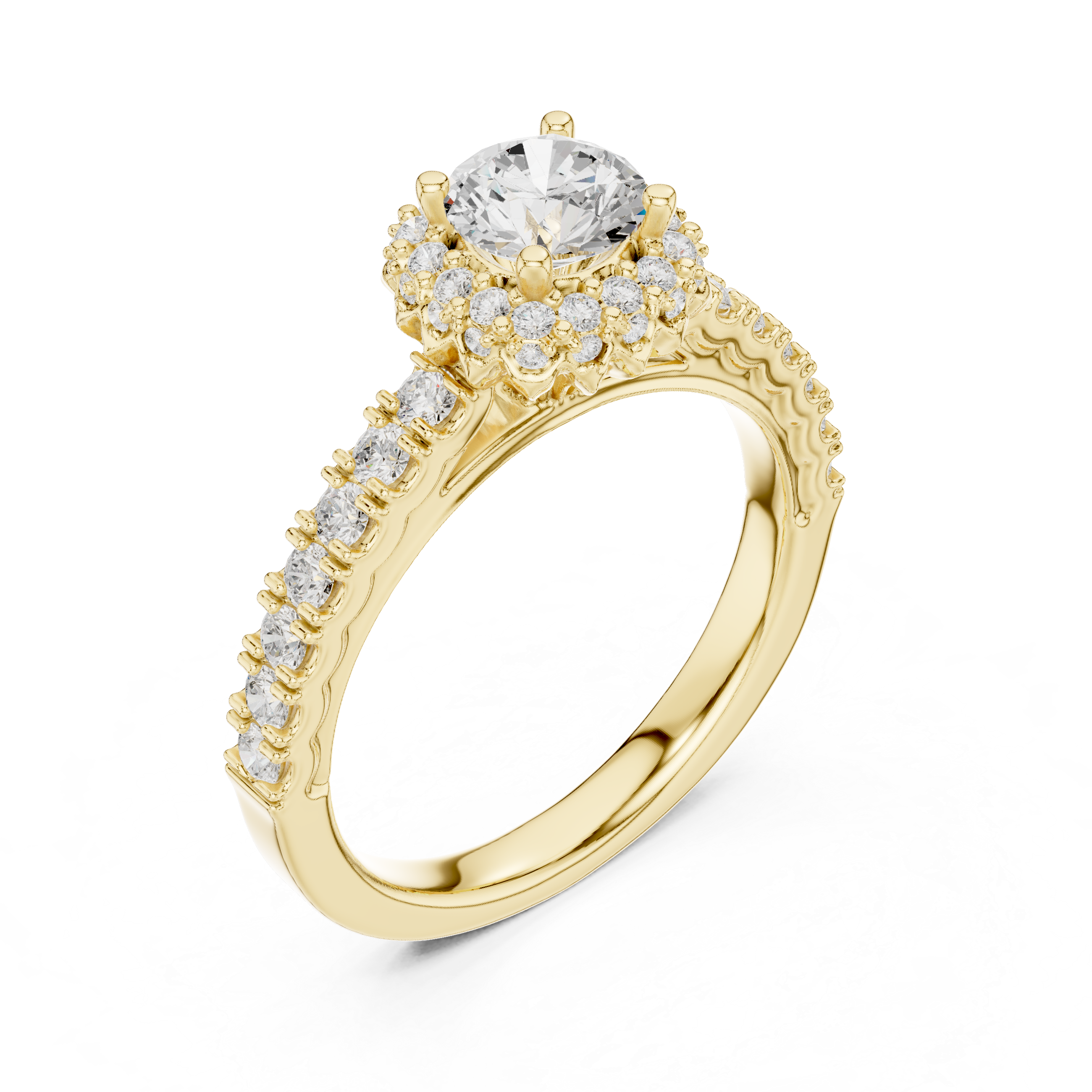 Round Brilliant Diamond Halo Engagement Ring with Pavé Side Stones Luxe Cluster