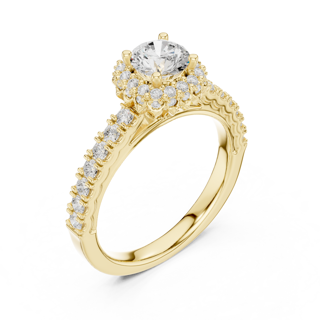 Round Brilliant Diamond Halo Engagement Ring with Pavé Side Stones Luxe Cluster