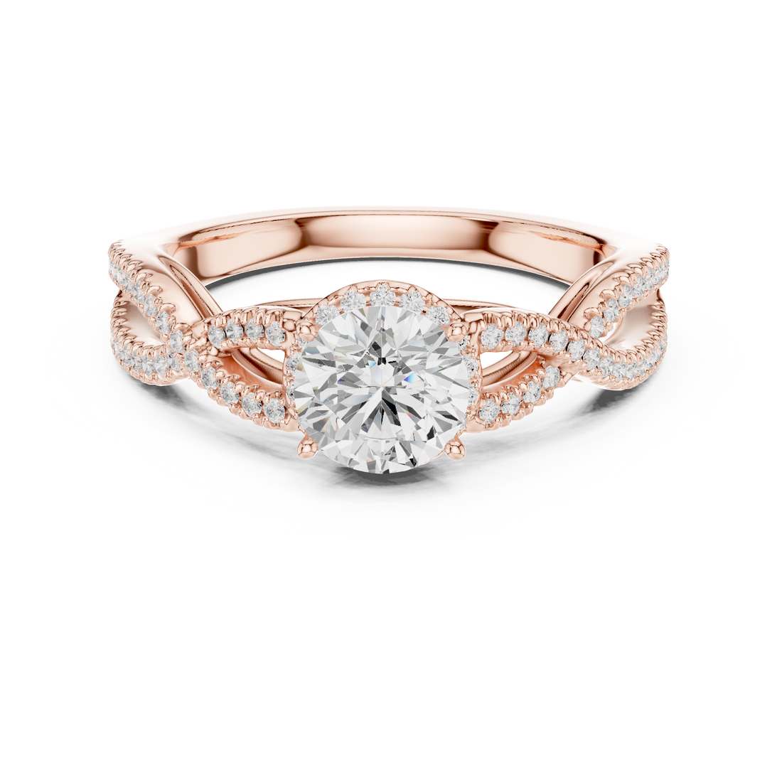 Round Cut Diamond Halo Twist Split Shank Engagement Ring