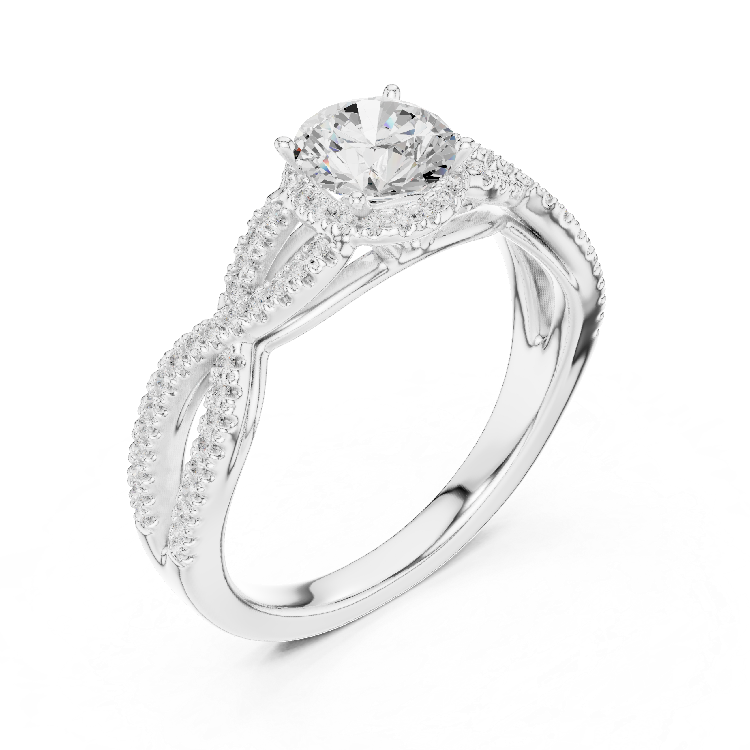 Round Cut Diamond Halo Twist Split Shank Engagement Ring