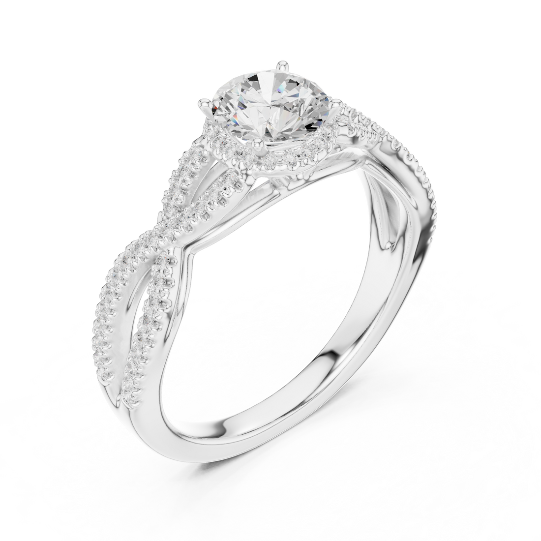 Round Cut Diamond Halo Twist Split Shank Engagement Ring