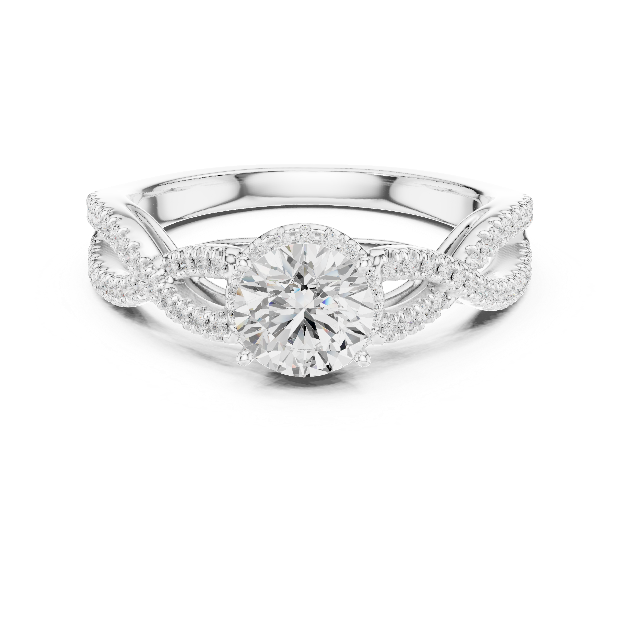 Round Cut Diamond Halo Twist Split Shank Engagement Ring