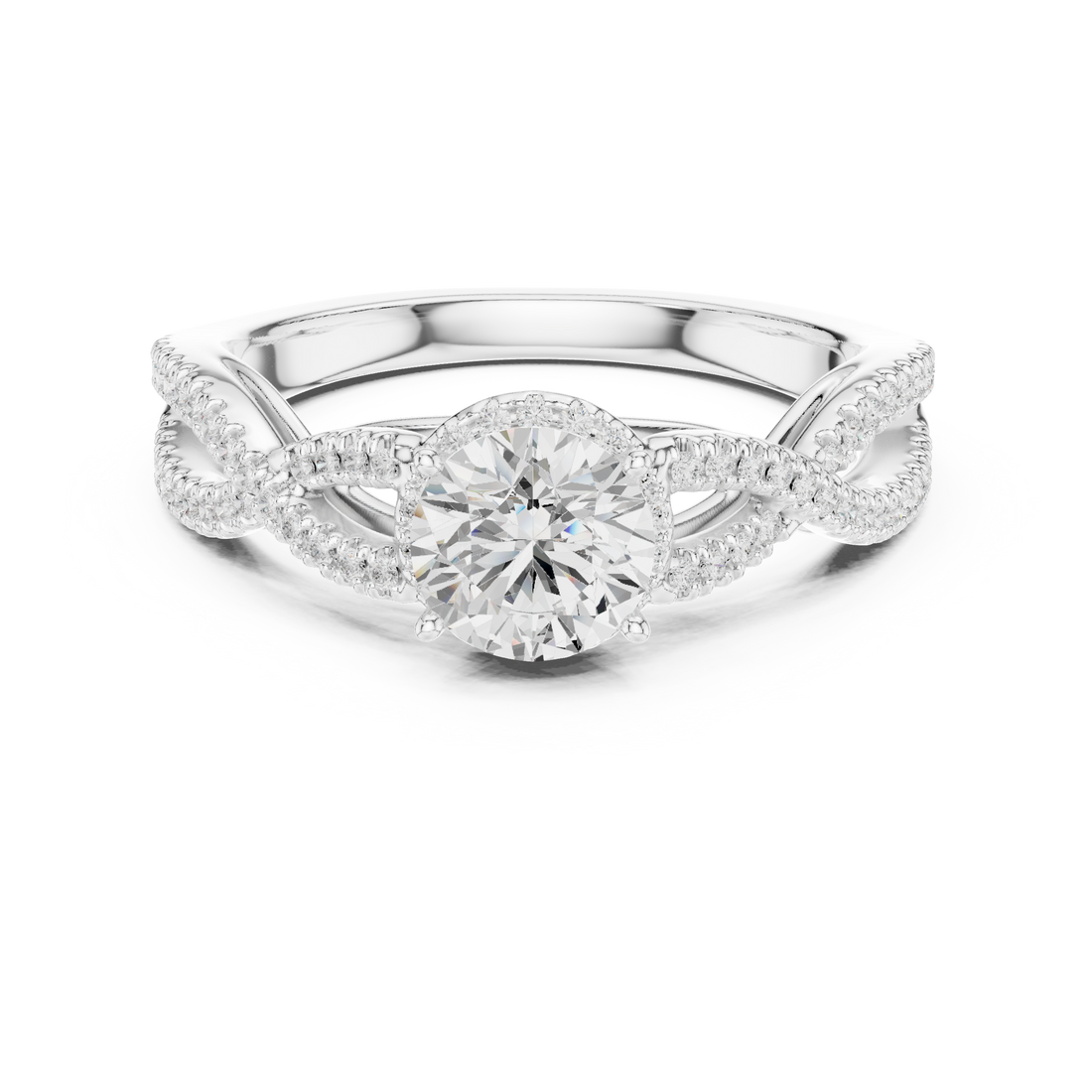 Round Cut Diamond Halo Twist Split Shank Engagement Ring