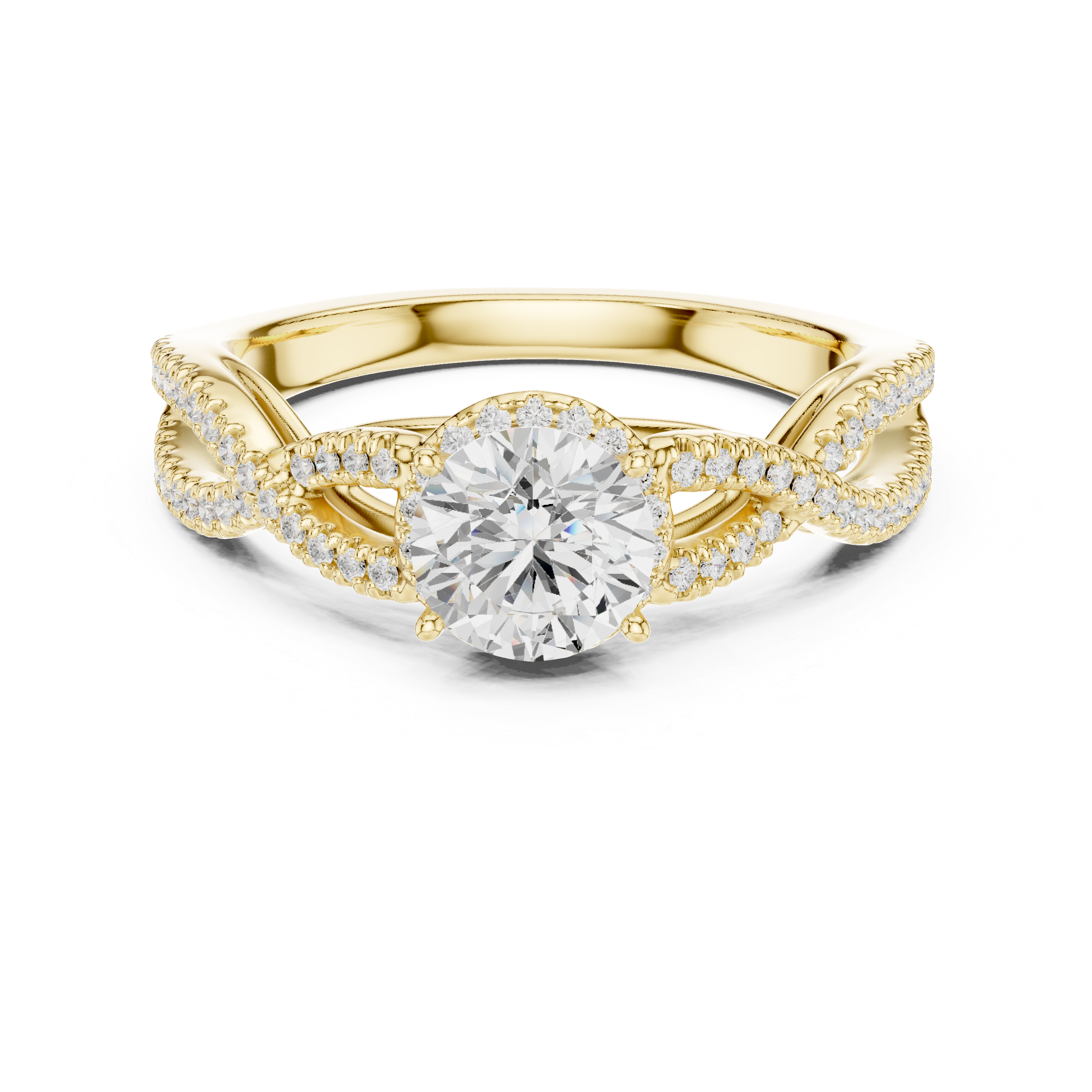 Round Cut Diamond Halo Twist Split Shank Engagement Ring