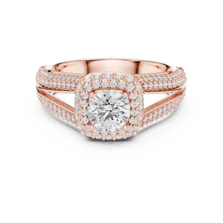 Round Brilliant Diamond Double Halo Split Shank Pavé Engagement Ring