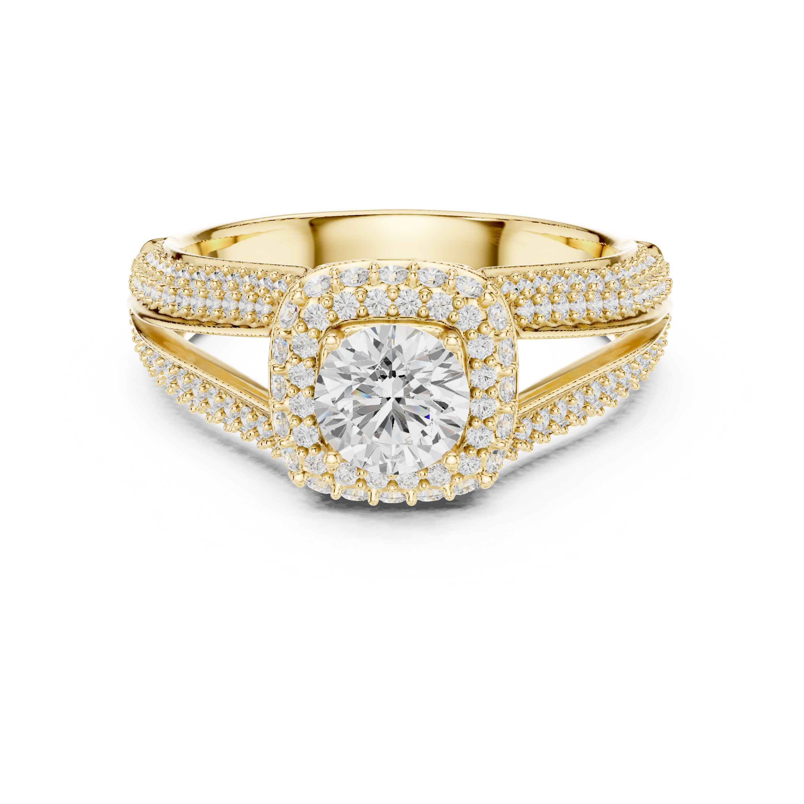Halo cocktail ring with bold center stone.
