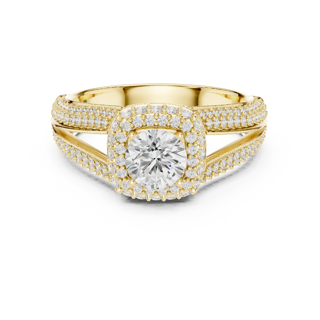 Halo cocktail ring with bold center stone.