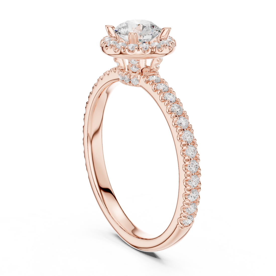 Round Brilliant Diamond Halo Pavé Engagement Ring with Accent Side Stones