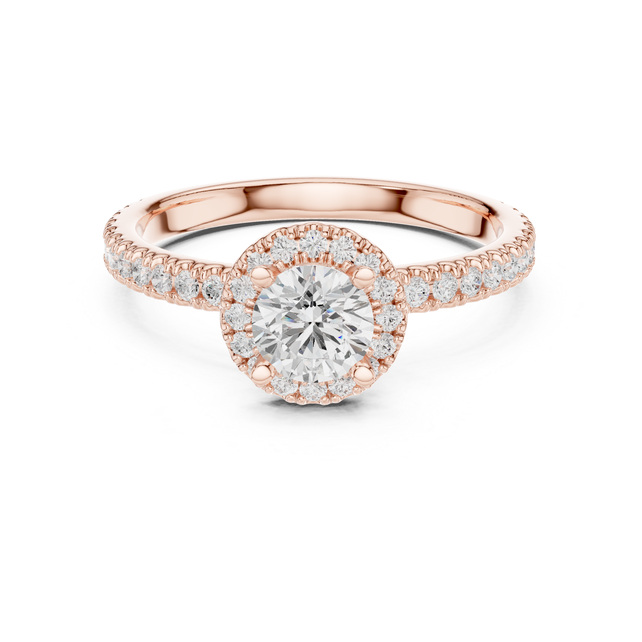 Round Brilliant Diamond Halo Pavé Engagement Ring with Accent Side Stones