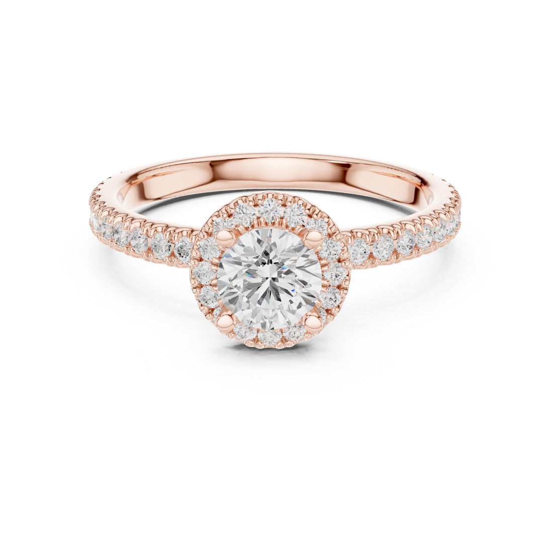 Round Brilliant Diamond Halo Pavé Engagement Ring with Accent Side Stones