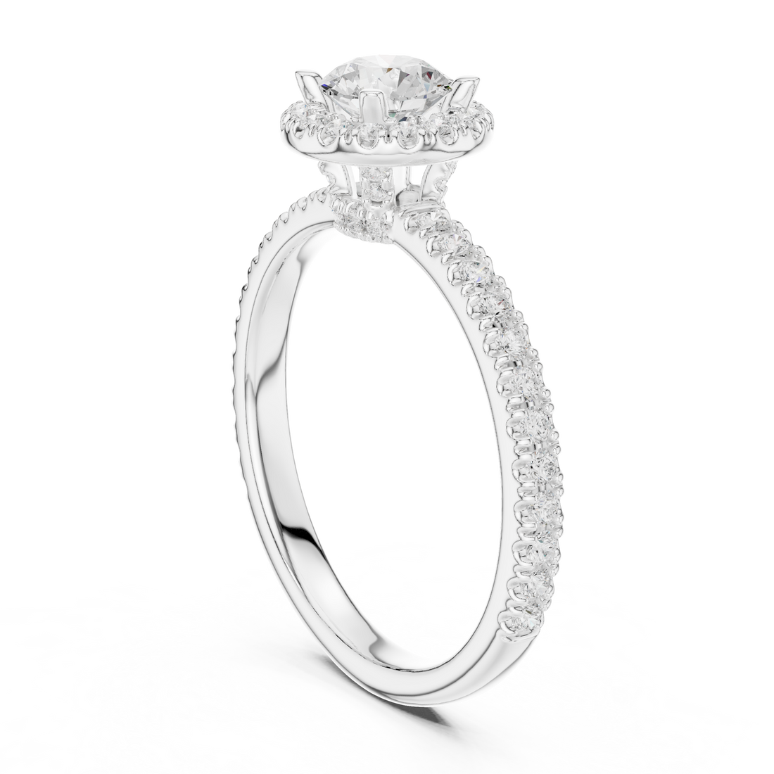 Round Brilliant Diamond Halo Pavé Engagement Ring with Accent Side Stones