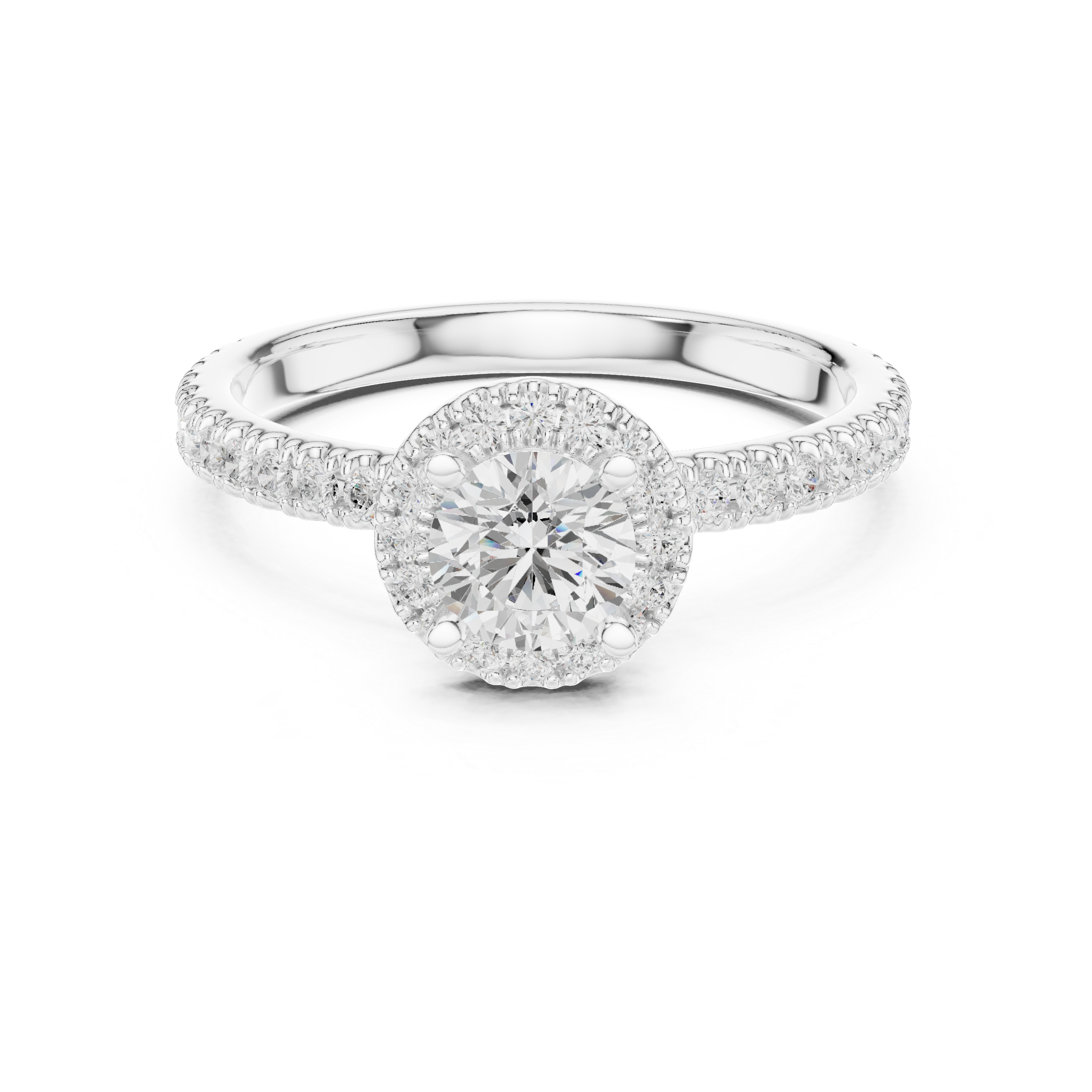 Round Brilliant Diamond Halo Pavé Engagement Ring with Accent Side Stones