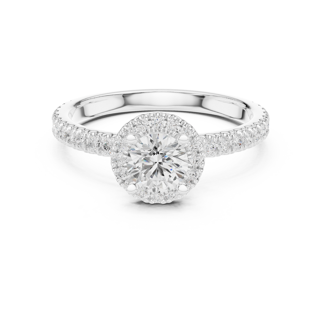 Round Brilliant Diamond Halo Pavé Engagement Ring with Accent Side Stones