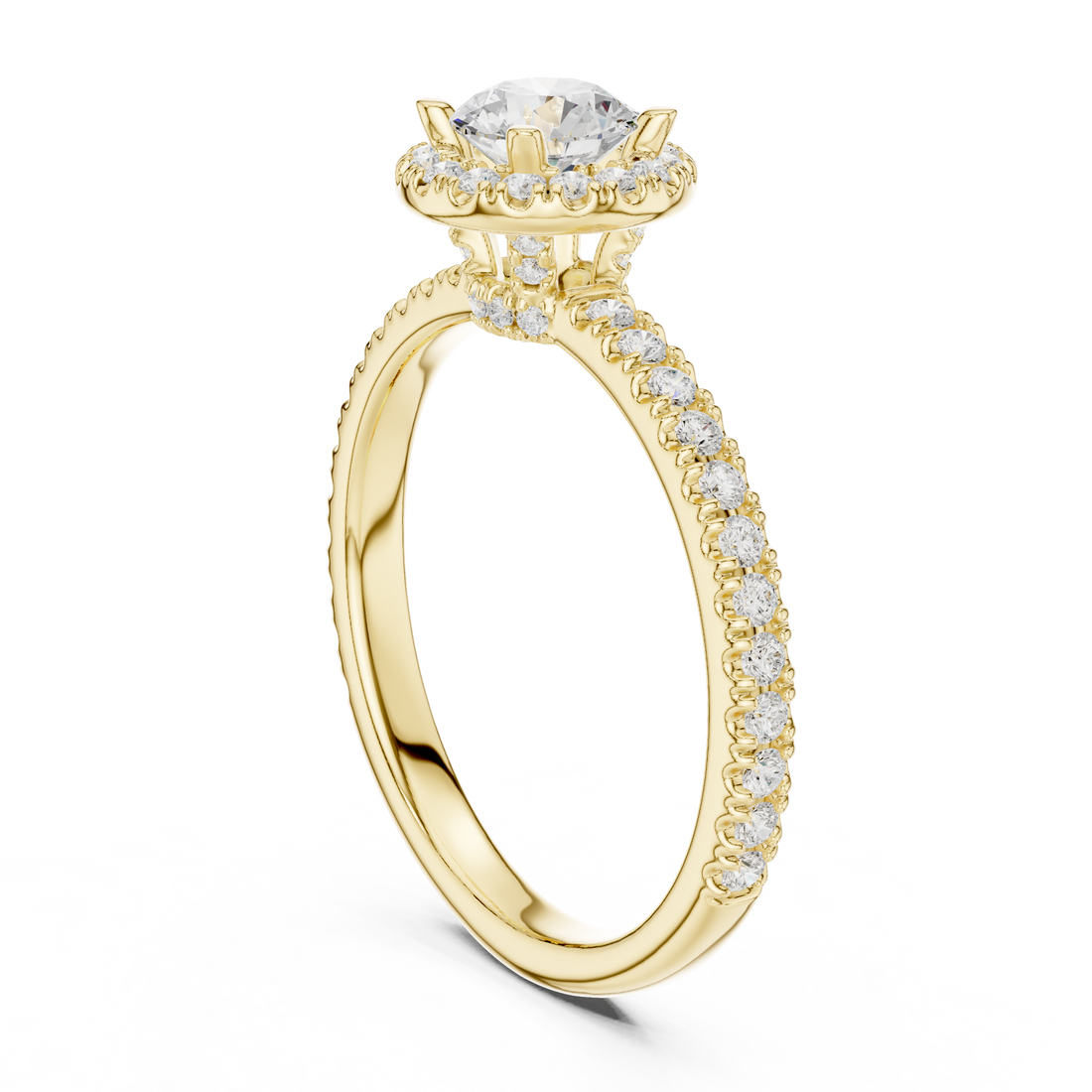 Round Brilliant Diamond Halo Pavé Engagement Ring with Accent Side Stones