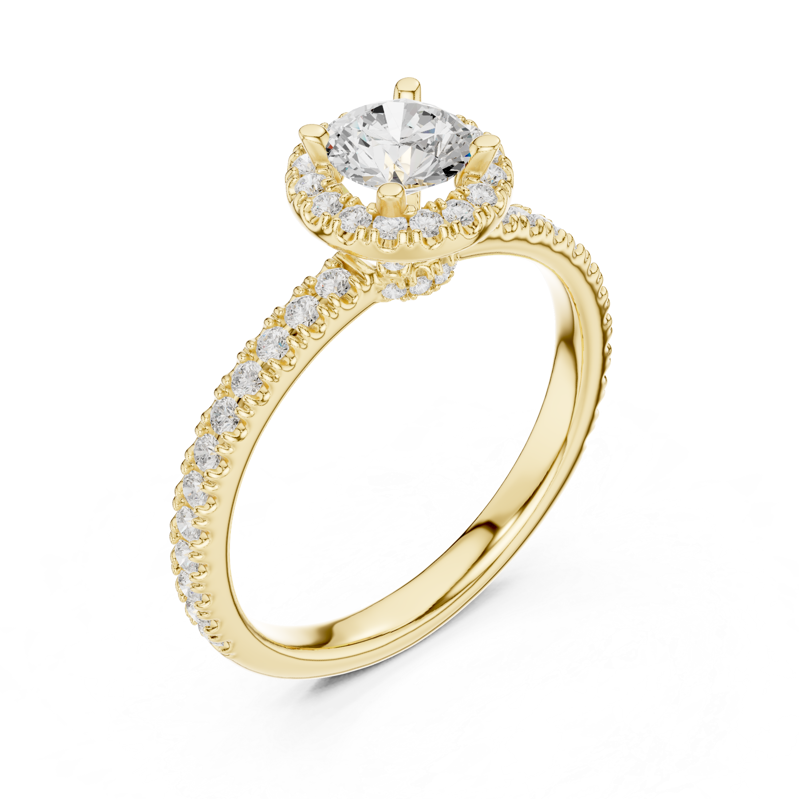 Round Brilliant Diamond Halo Pavé Engagement Ring with Accent Side Stones