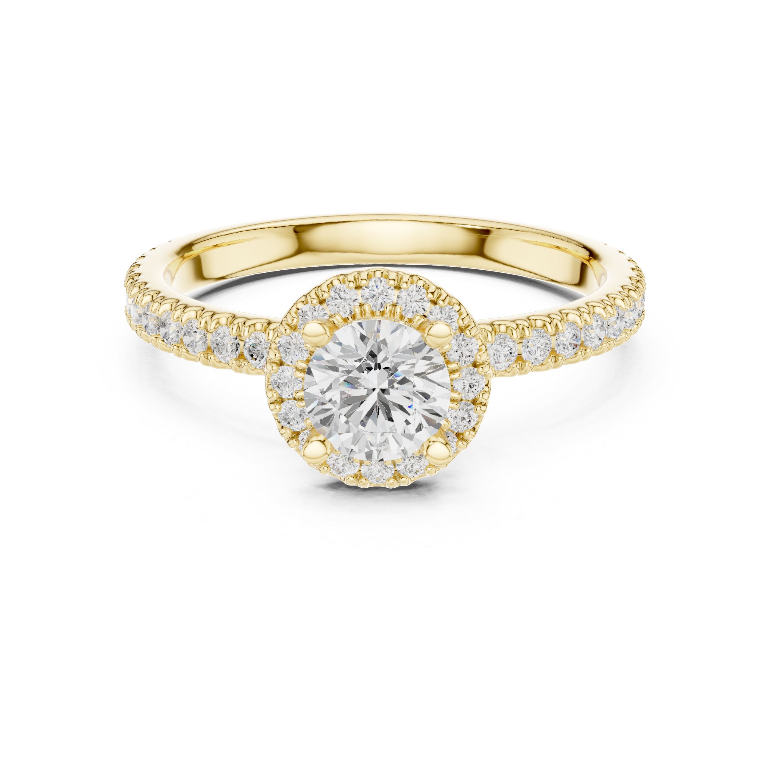 Round Brilliant Diamond Halo Pavé Engagement Ring with Accent Side Stones