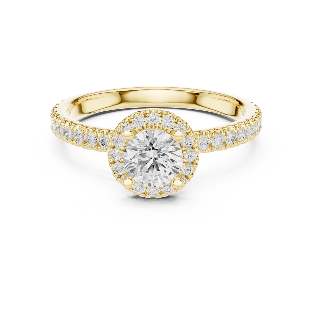 Round Brilliant Diamond Halo Pavé Engagement Ring with Accent Side Stones