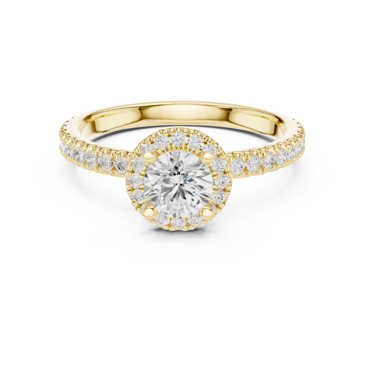 Round Brilliant Diamond Halo Pavé Engagement Ring with Accent Side Stones