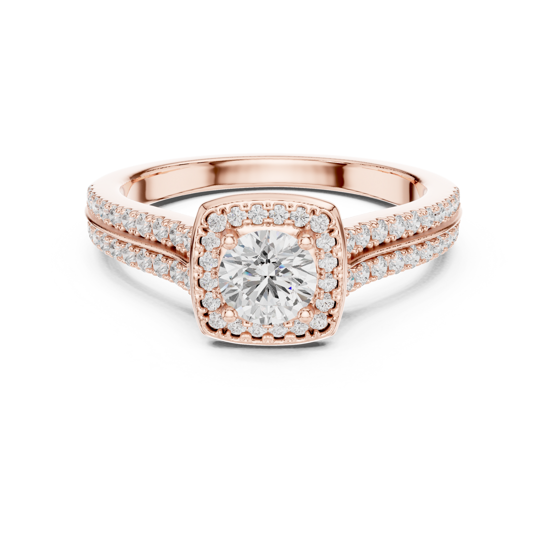 Round Brilliant Diamond Double Halo Split Shank Engagement Ring