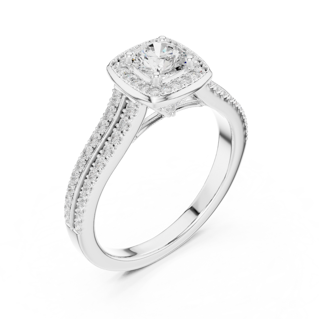 Round Brilliant Diamond Double Halo Split Shank Engagement Ring