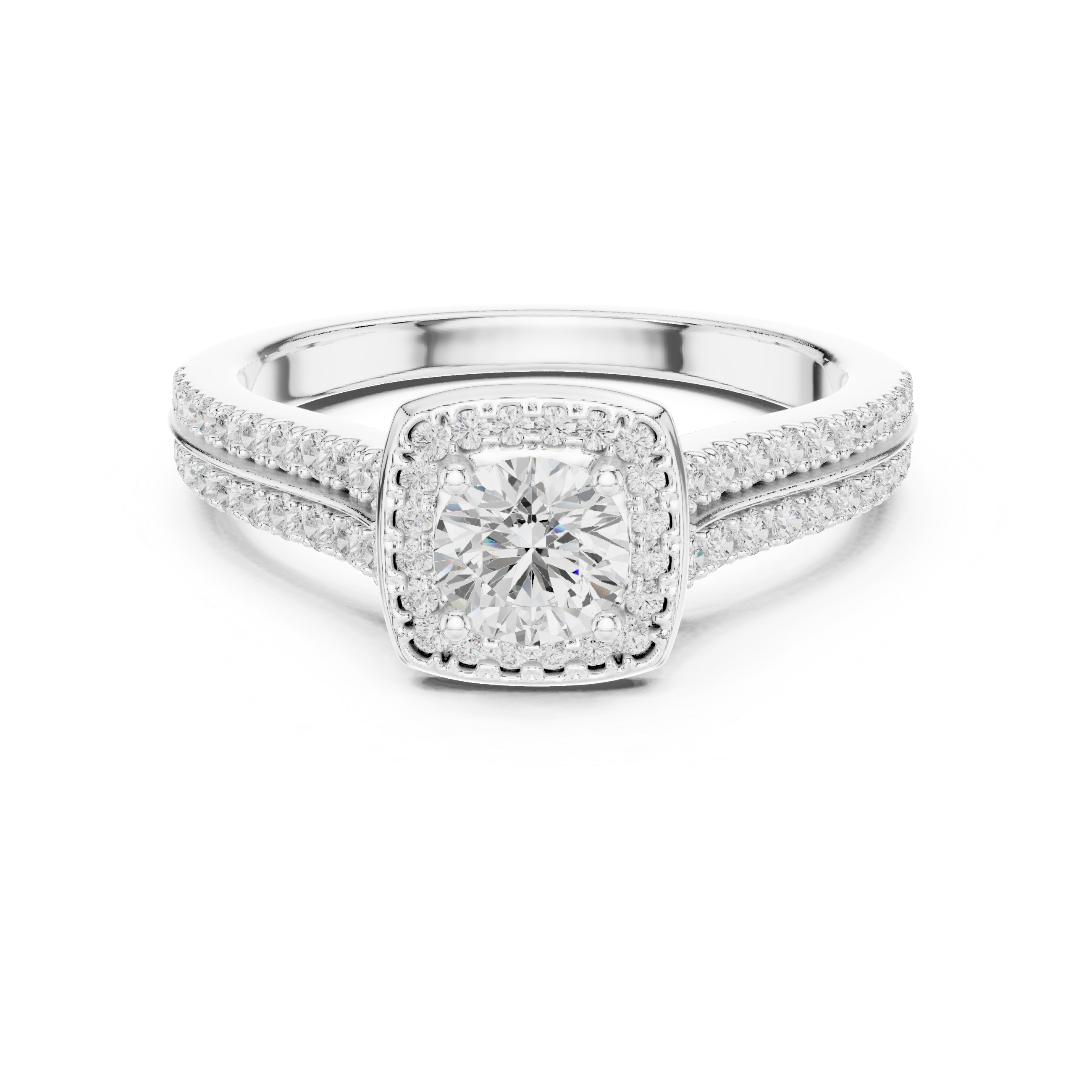 Round Brilliant Diamond Double Halo Split Shank Engagement Ring