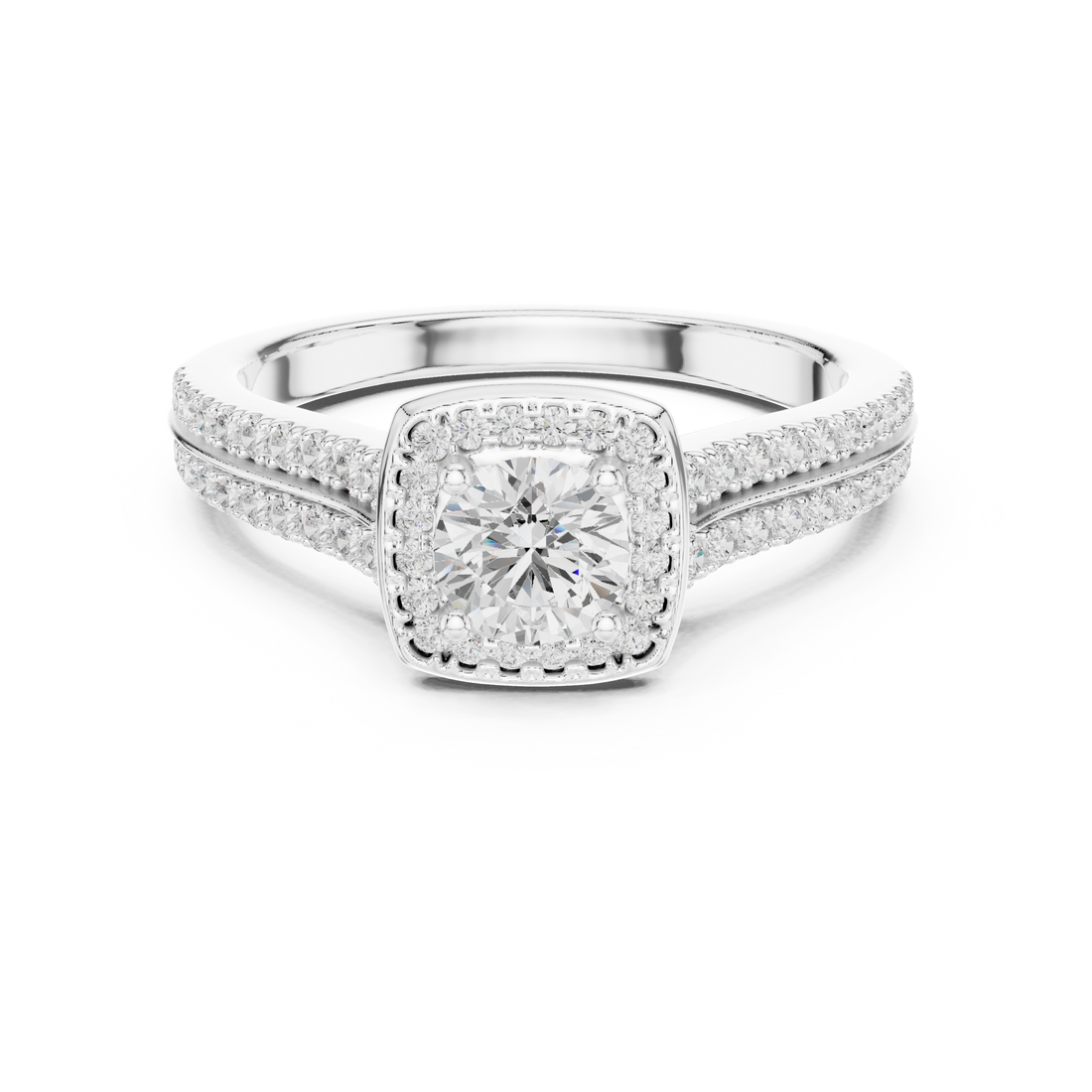 Round Brilliant Diamond Double Halo Split Shank Engagement Ring