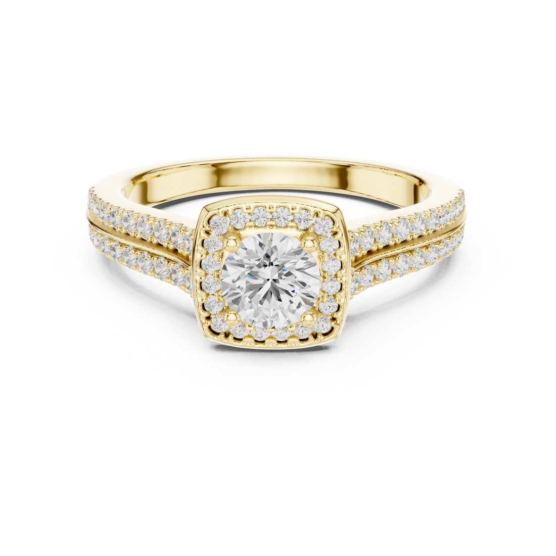 Round Brilliant Diamond Double Halo Split Shank Engagement Ring