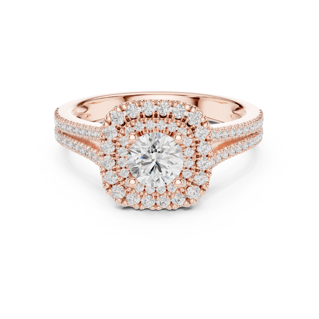 Radiant Round Diamond Double Halo Pavé Split Shank Engagement Ring