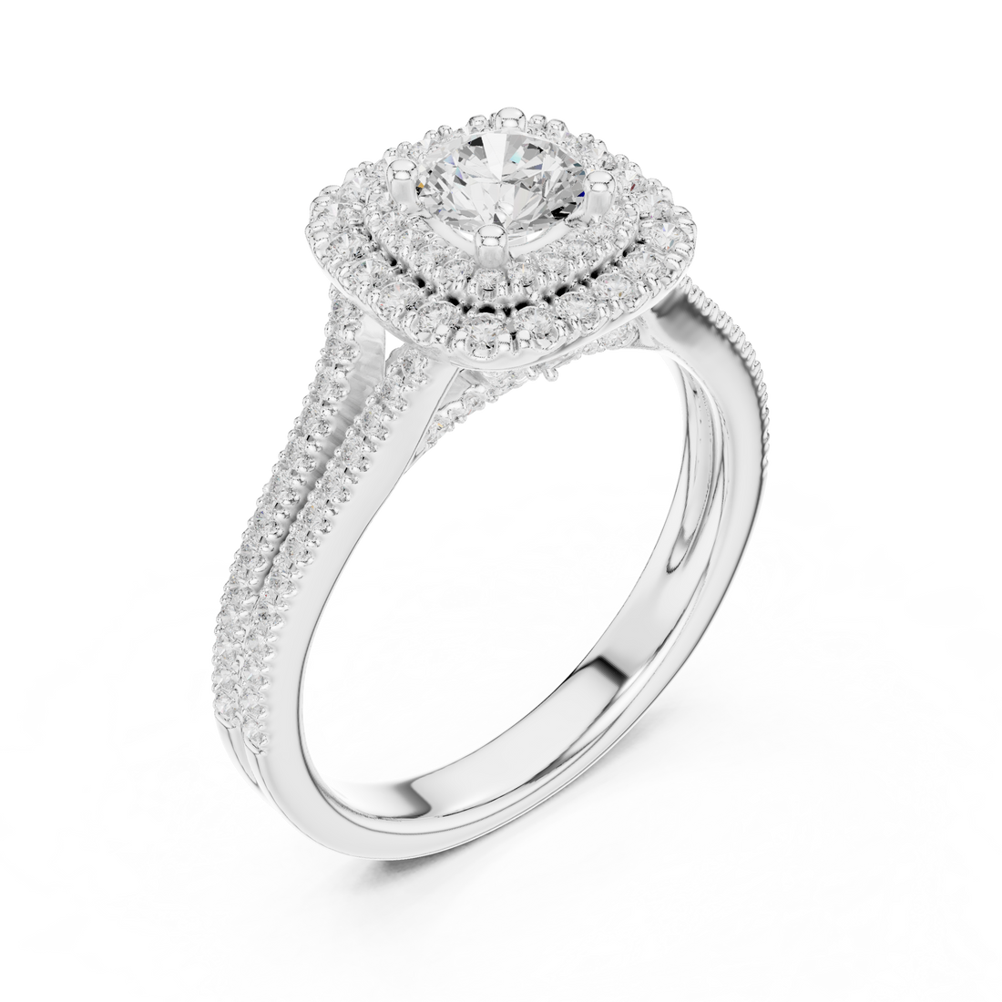 Radiant Round Diamond Double Halo Pavé Split Shank Engagement Ring
