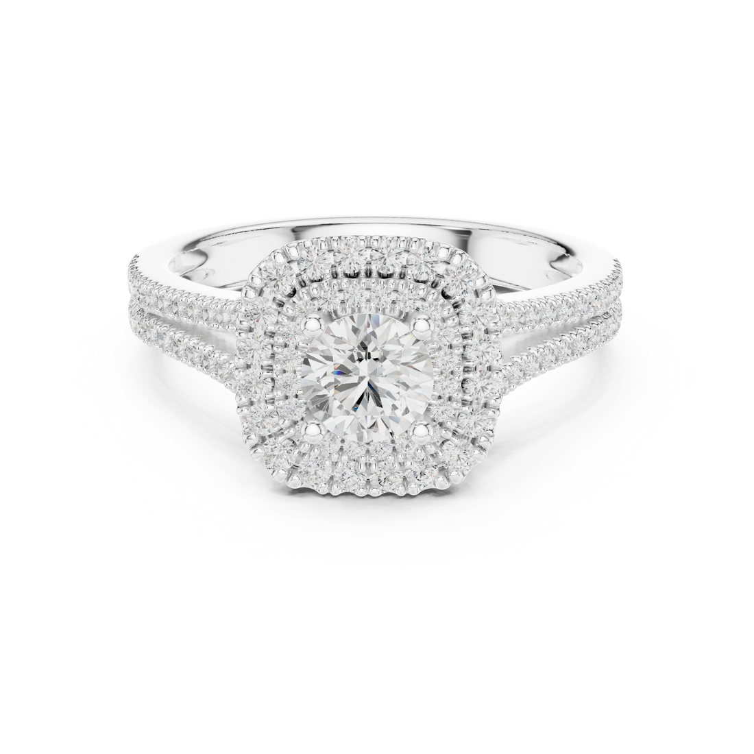 Radiant Round Diamond Double Halo Pavé Split Shank Engagement Ring