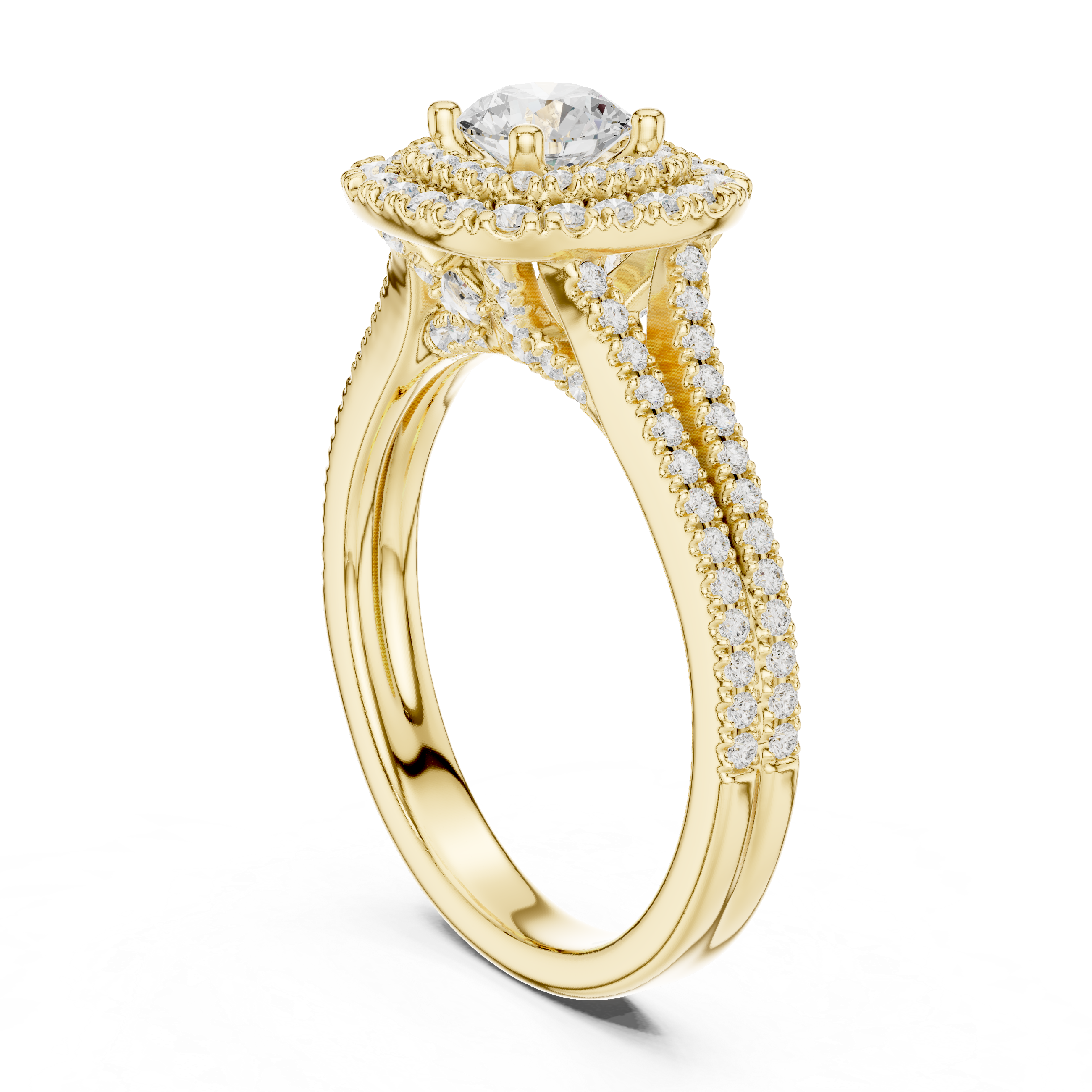 Radiant Round Diamond Double Halo Pavé Split Shank Engagement Ring