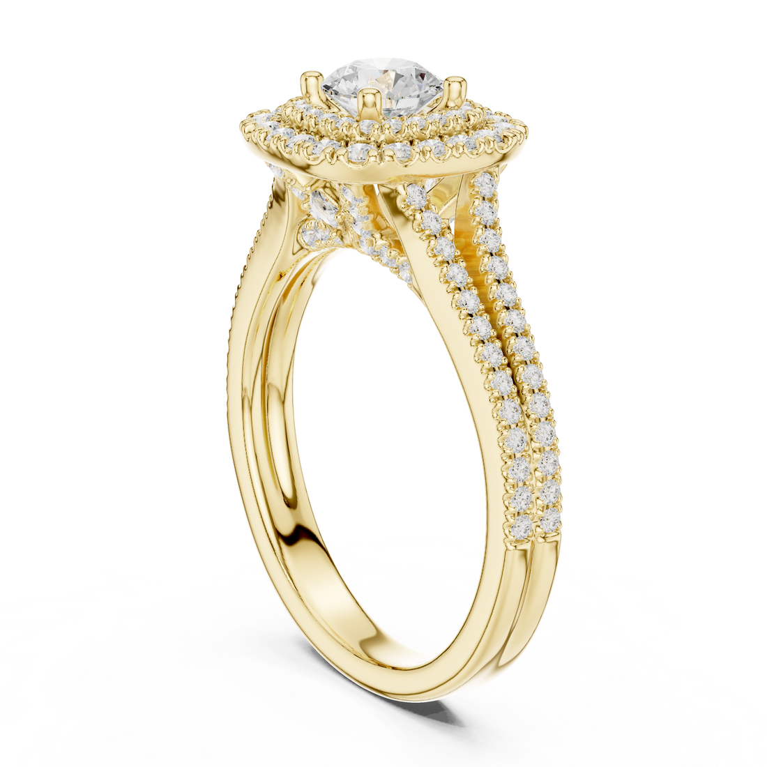 Radiant Round Diamond Double Halo Pavé Split Shank Engagement Ring