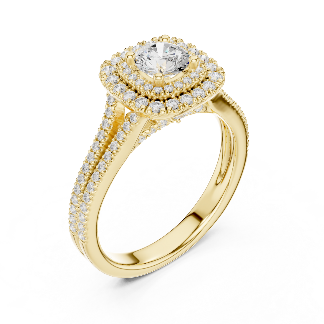 Radiant Round Diamond Double Halo Pavé Split Shank Engagement Ring