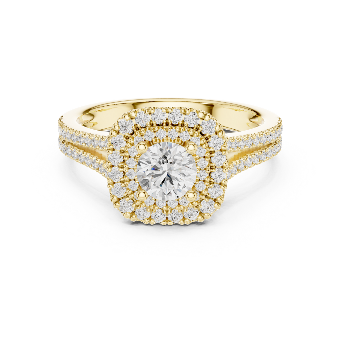 Radiant Round Diamond Double Halo Pavé Split Shank Engagement Ring