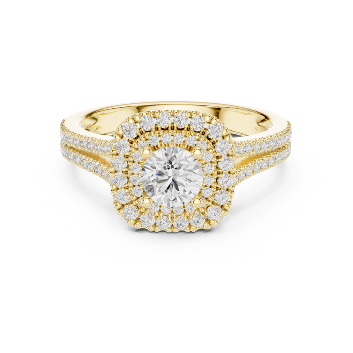 Radiant Round Diamond Double Halo Pavé Split Shank Engagement Ring