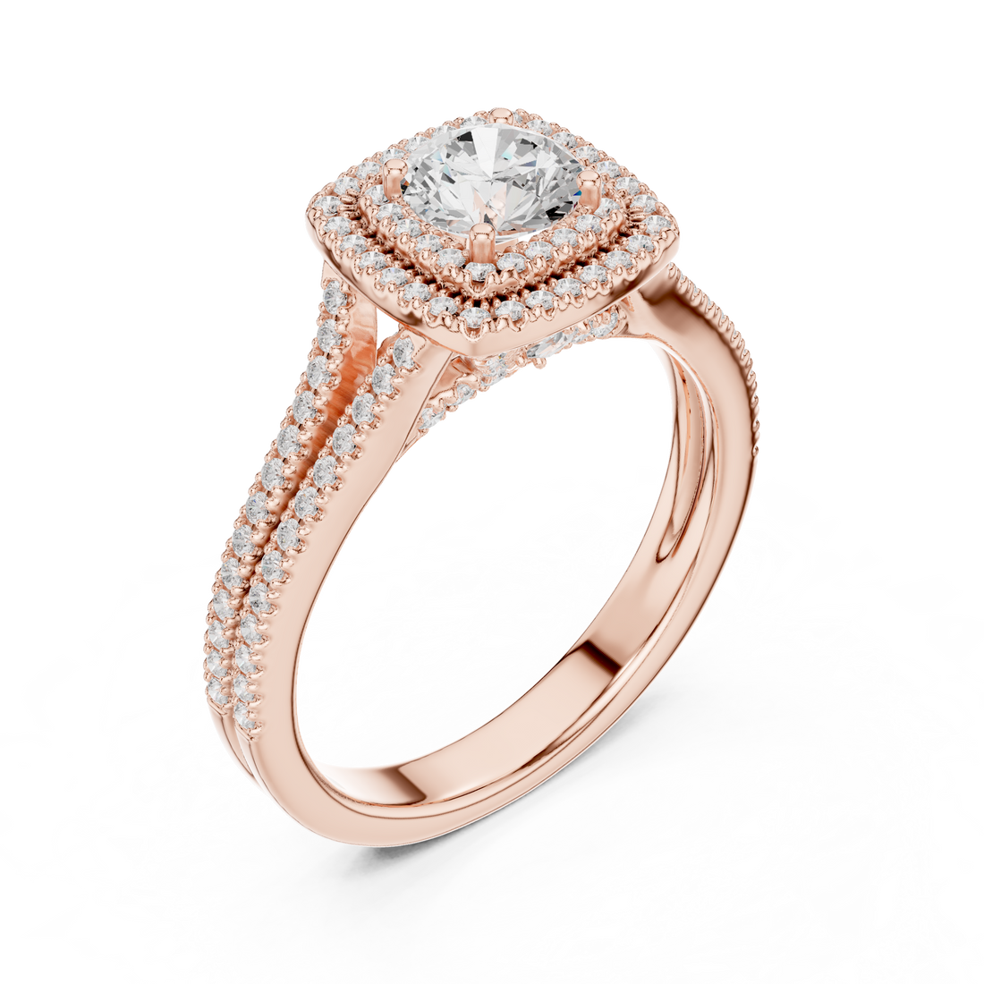 Round Diamond Double Halo Split Shank Pavé Engagement Ring