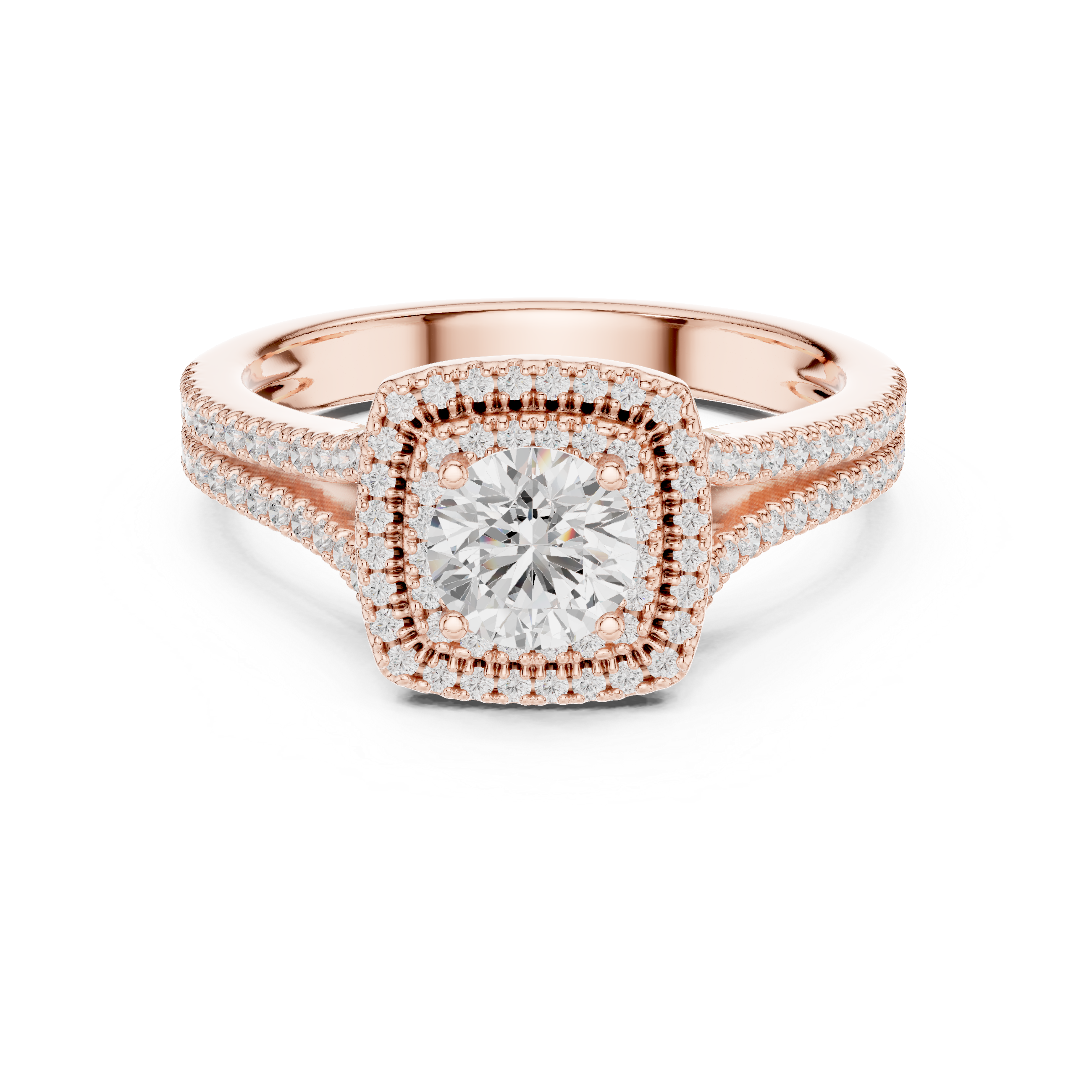 Round Diamond Double Halo Split Shank Pavé Engagement Ring