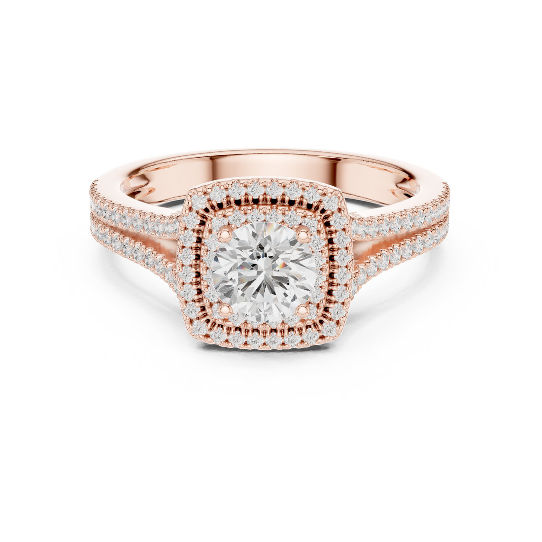 Round Diamond Double Halo Split Shank Pavé Engagement Ring