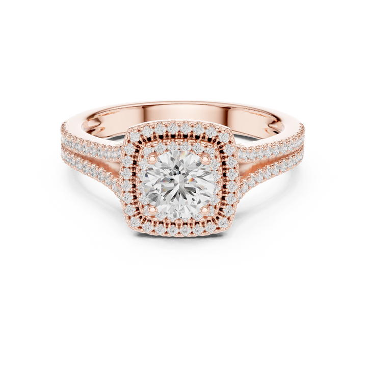 Round Diamond Double Halo Split Shank Pavé Engagement Ring