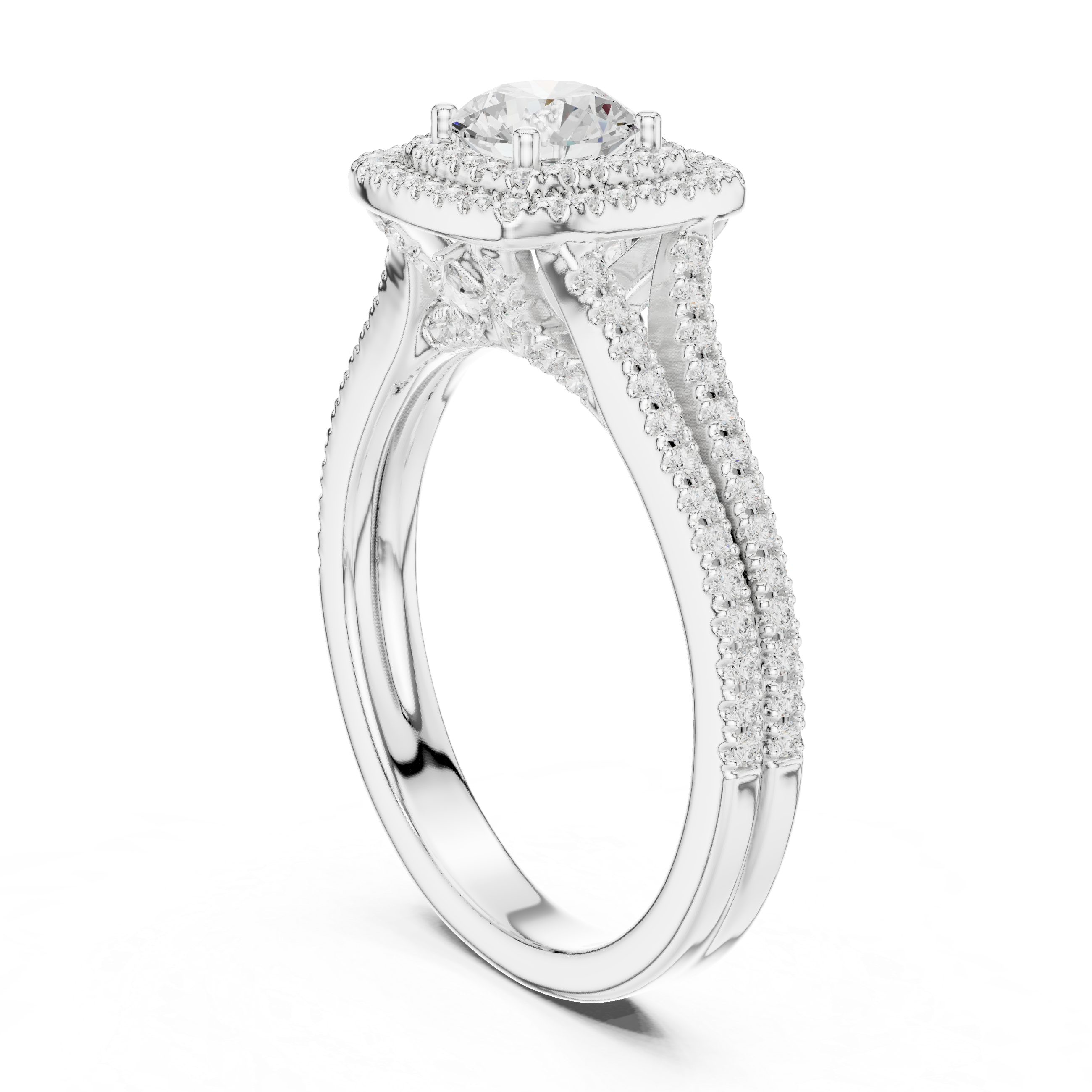 Round Diamond Double Halo Split Shank Pavé Engagement Ring