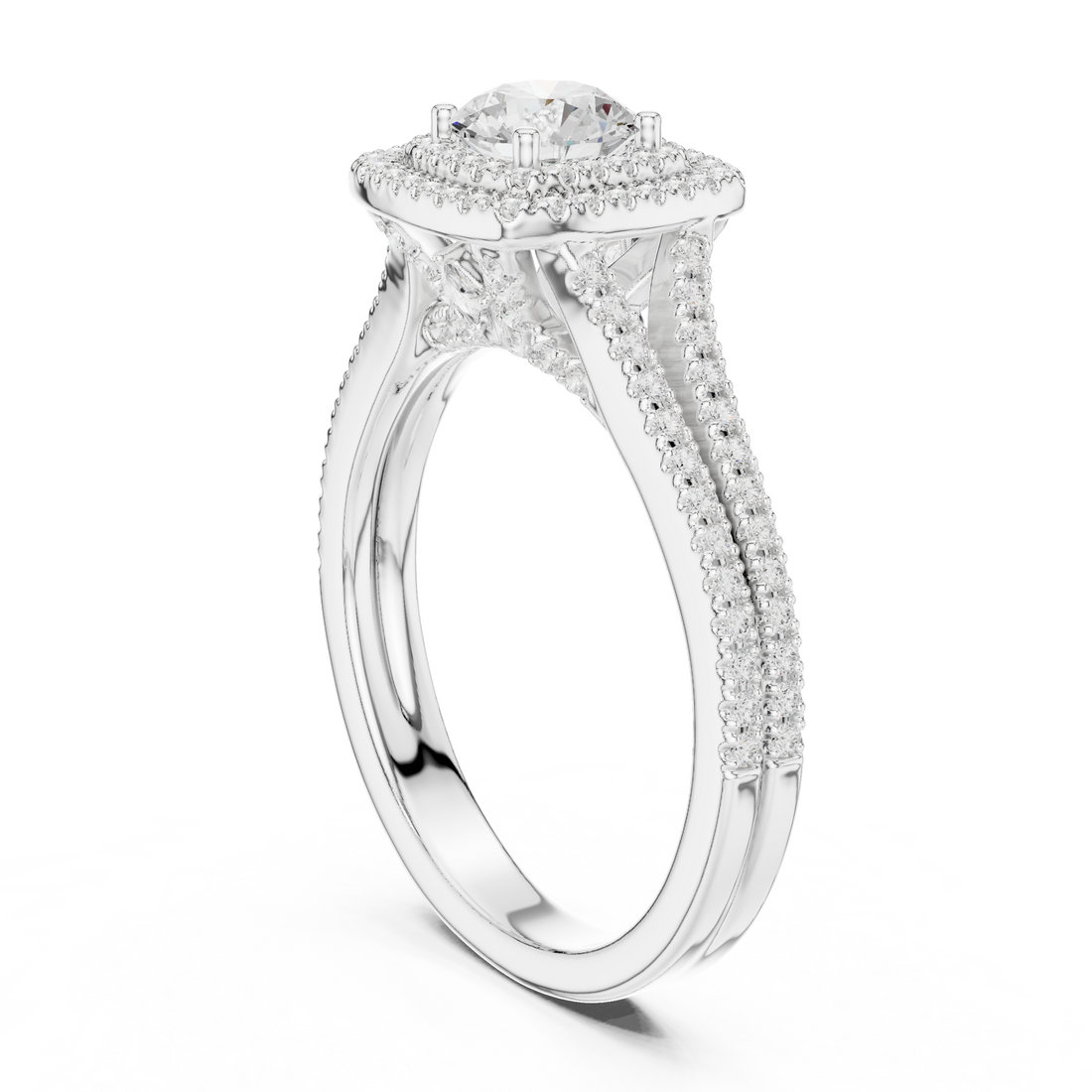 Round Diamond Double Halo Split Shank Pavé Engagement Ring