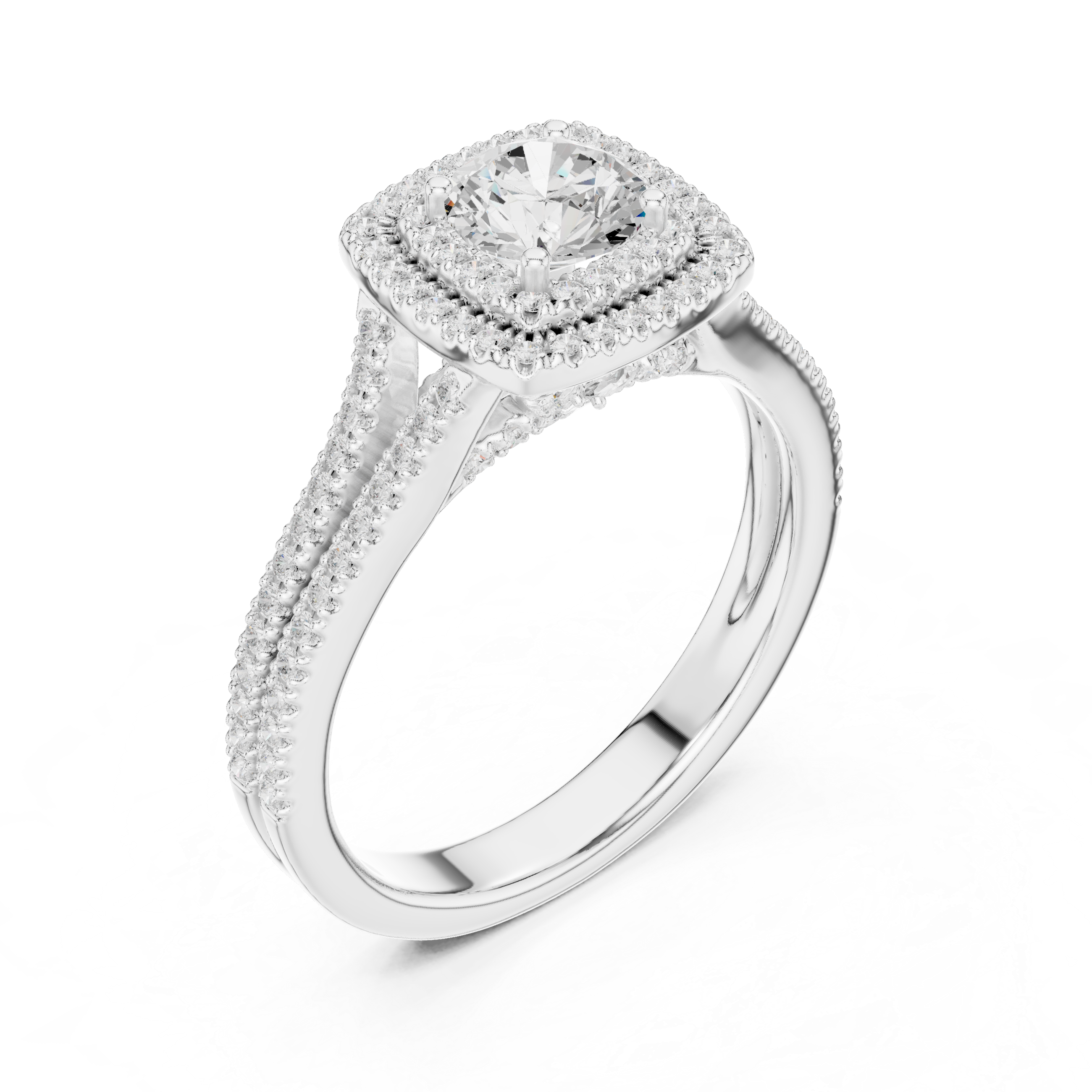 Round Diamond Double Halo Split Shank Pavé Engagement Ring