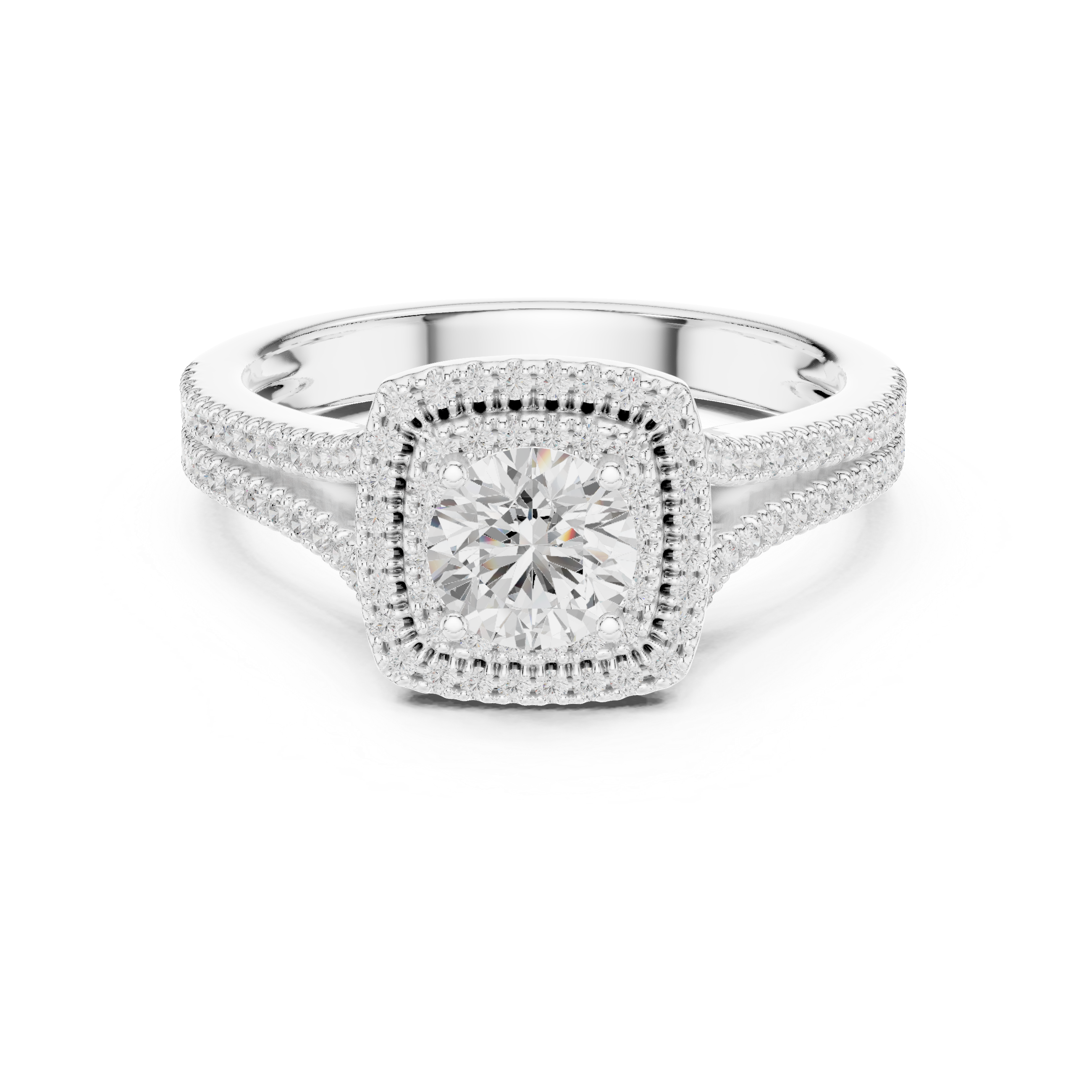 Round Diamond Double Halo Split Shank Pavé Engagement Ring