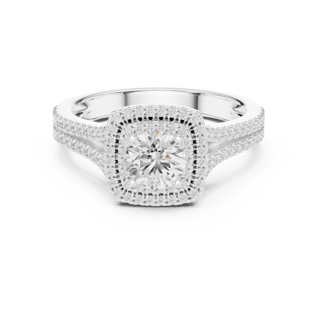 Round Diamond Double Halo Split Shank Pavé Engagement Ring