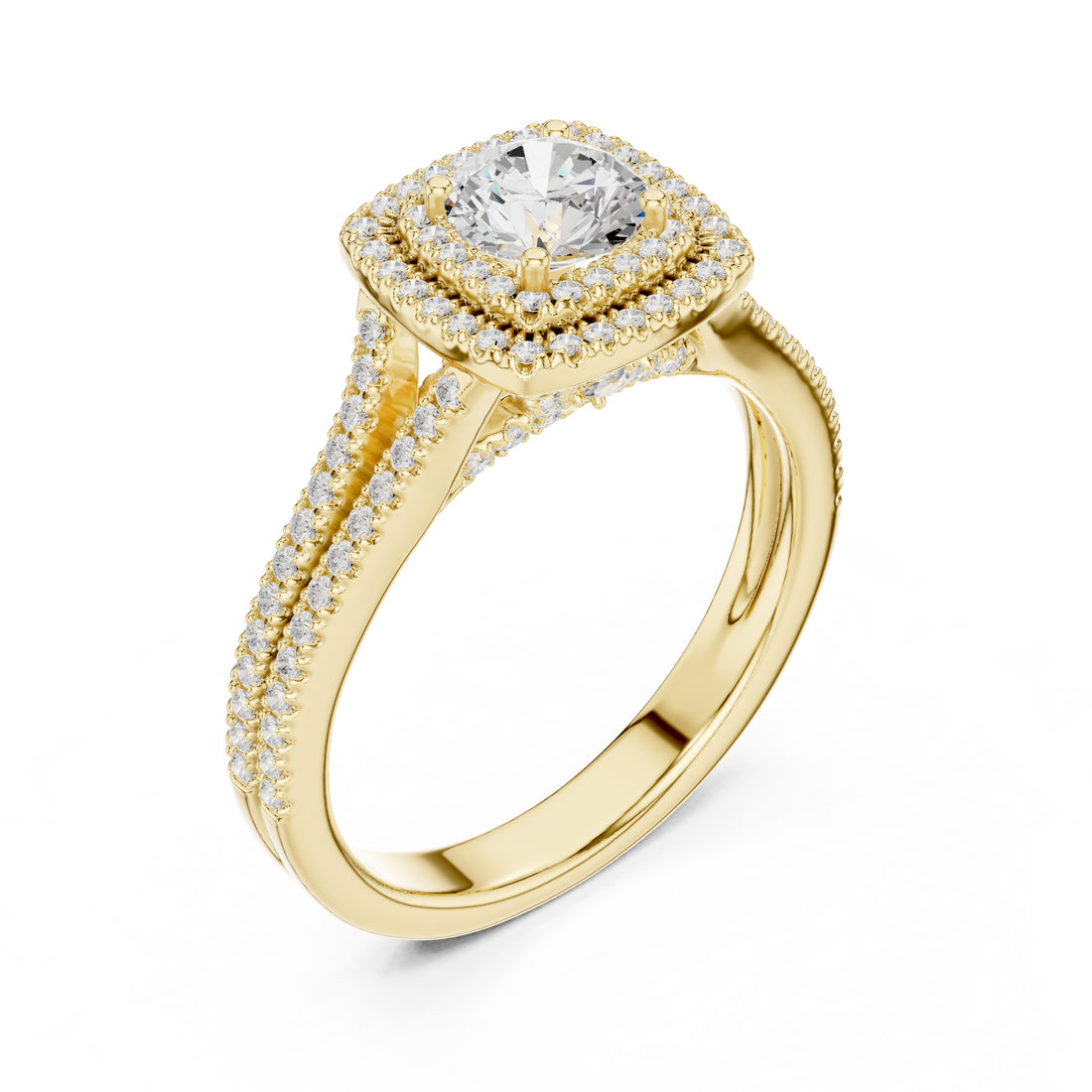 Round Diamond Double Halo Split Shank Pavé Engagement Ring