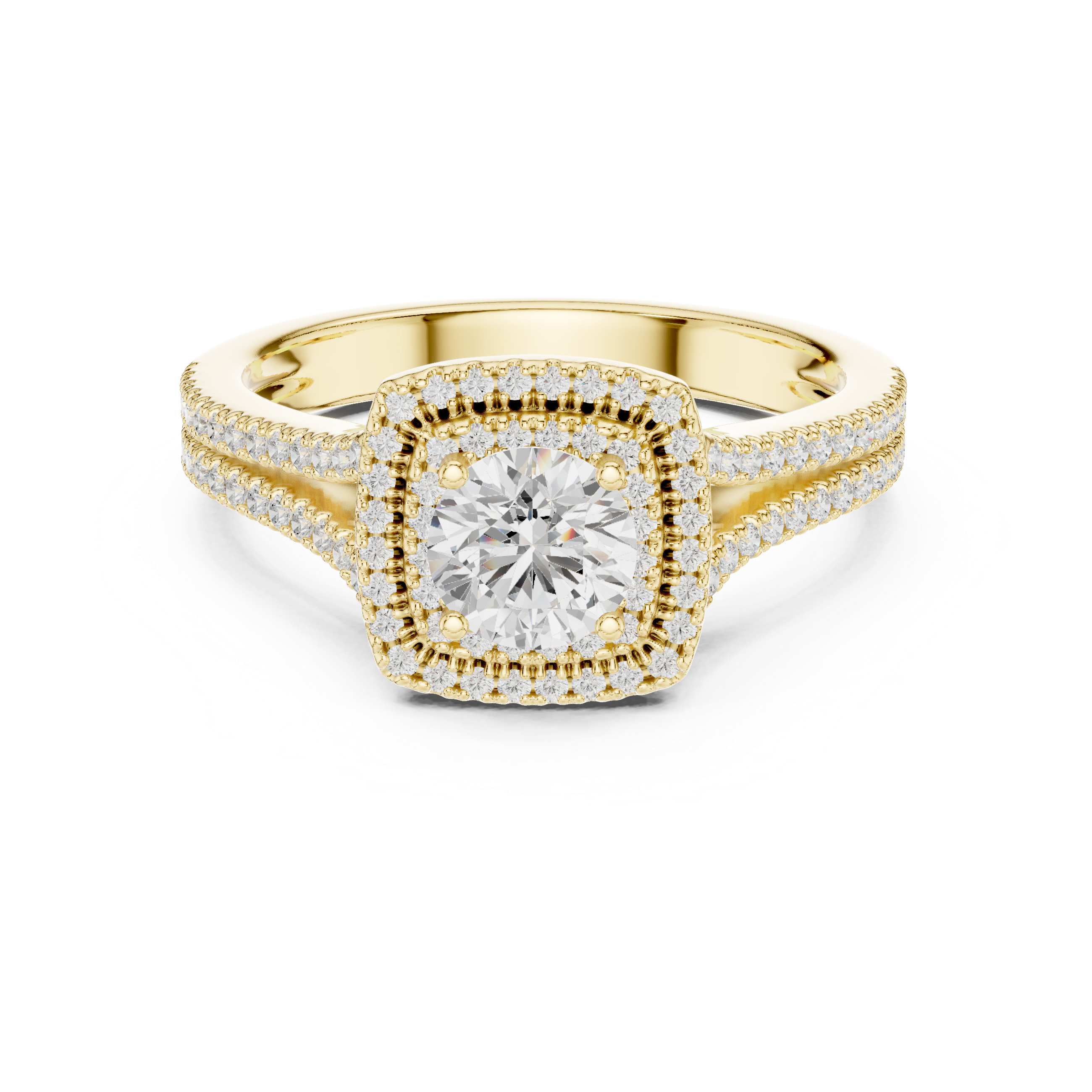 Round Diamond Double Halo Split Shank Pavé Engagement Ring