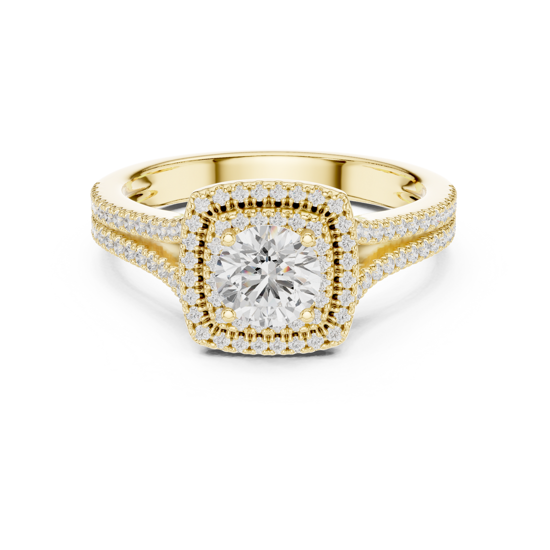 Round Diamond Double Halo Split Shank Pavé Engagement Ring