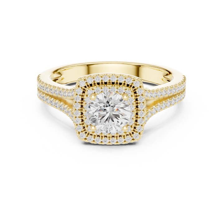 Round Diamond Double Halo Split Shank Pavé Engagement Ring